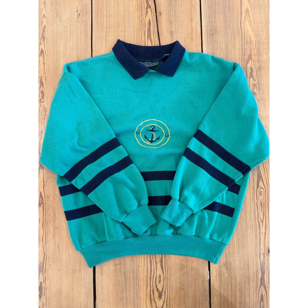 Vintage Nautical Green Anchor Embroidered Collared Sweatshirt Size M